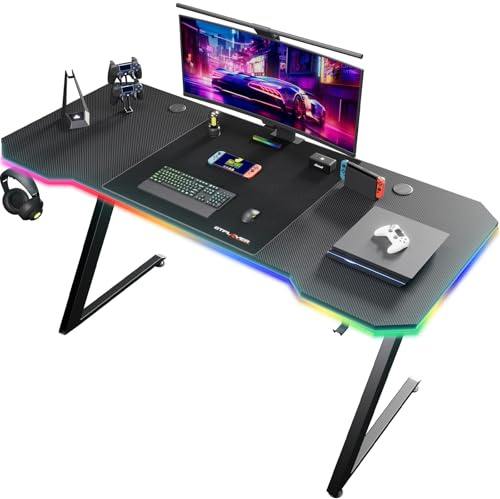 GTPLAYER Bureau Gaming 120 x 60 cm, Bureau Gamer avec LED, Table Gaming PC avec Tapis de Souris, Crochet pour Casque, Noir