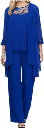 Las Mujeres de Tres Piezas de Gasa Camisa de Tul Vestido de Noche Conjunto de Fiesta de cóctel de celebración Conjunto de Pantalones Elegante Traje de Tres Piezas de la Vendimia (Azul,L)