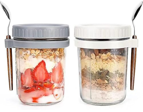PIQIUQIU Overnight Oats - 2 contenitori per l'avena, con coperchio e cucchiaio, 400 ml, per yogurt e frutta, 2SNB40