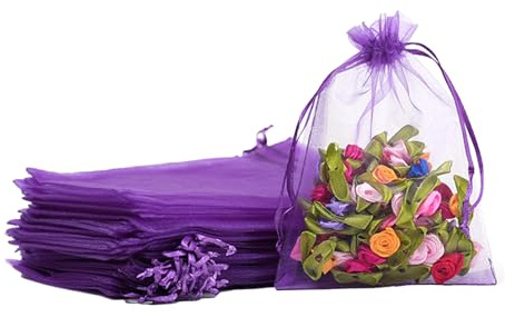 100 st djuplila organza presentpåsar, 9 x 12 cm små organza-favoritväskor, bröllop smycken påsar med dragsko, nät godis favoritväska fest söta väskor för födelsedag, bröllop, jul, presentförpackning