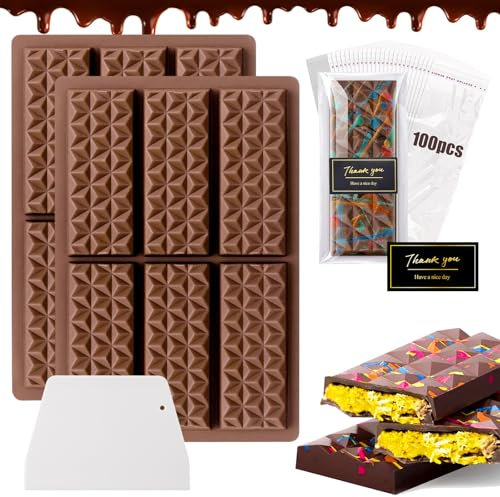 ZAHRVIA 2 Stück Schokoladenform Silikon, Silikonform für 6 Mulden Schokolade, Silikonform Schokolade Tief，Pralinenform mit Spatel, Tüte und Aufklebern (Diamant)