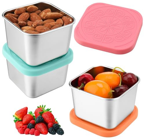 Xialvyu 3 Stk Snackbox Kinder, 180ml Auslaufsicheren Edelstahl Brotdose Kinder mit Deckel, Kleine Dose mit Deckel Gefrierdosen für Snack Joghurt Salat Sauce Mittagessen
