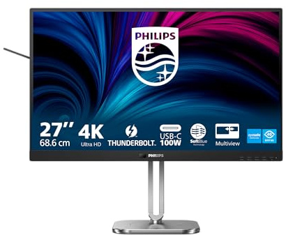 Philips 27B2U6903 Monitor 27 UHD, WLED, 60Hz, IPS, Adaptive Sync., TUV Eyesafe, Altavoces, Altura Ajustable (3840x2160, 2X HDMI 2.0, 1x DP 1.4, USB-C) Negro/Gris
