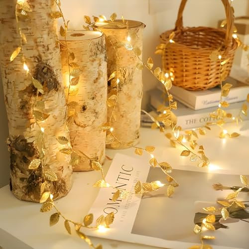 Garnirise Fairy Lights Battery Operated Indoor Ivy Gold Garland Lights Light Up Garland Christmas Table Lights Warm White Micro LED Leaf Fairy Lights Autumnal String 2m