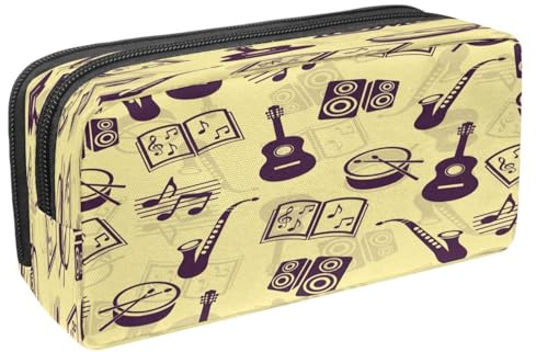 Trousse à crayons avec fermeture éclair pour garçons et filles, fournitures scolaires et de bureau, rose grunge et notes de musique violon, Guitare Tambour Saxophone Livre de musique et notes