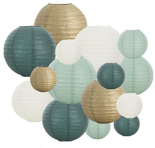 BEISHIDA Sage Green Gold Paper Lanterns 16Pcs 6/8/10Inch Round Chinese Lamp