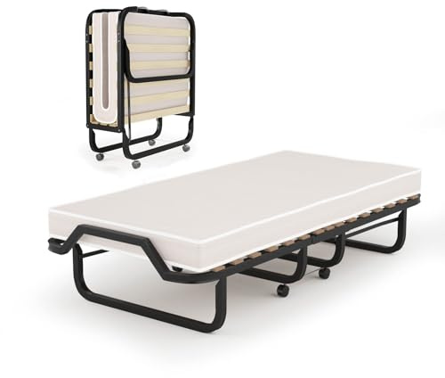 LIFEZEAL Letto Pieghevole, Letto per gli ospiti pieghevole in metallo, Singolo Pieghevole con Materasso in Memory Foam, Adulto Metallo su 4 Ruote (Beige, 200 x 80 x 41 cm)