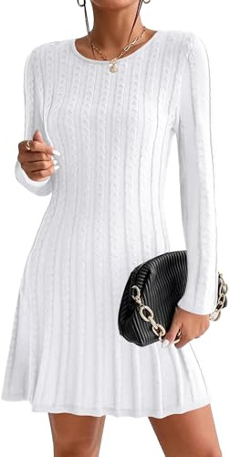 Hotouch Robe en tricot femme élégante, pullover en tricot, robe à manches longues, pullover, col rond, robe d'hiver, sweat-shirt, robe A-ligne, robe mi-longue de cocktail, Blanc., L
