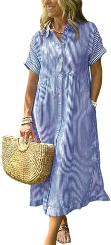 ebossy Women's Boho Striped Shirt Dress Button Up Side Slit Loose Mid Long Cotton Dress with Pockets (L, Blue)
