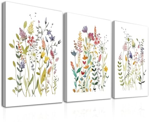 Dazzlewall 3 Pcs Arte de Pared de Flores de Acuarela Enmarcadas Colorido Decoración de Pared Botánica Impresiones Minimalistas de Flores Silvestrespara Dormitorio Sala de Estar 12x16 in