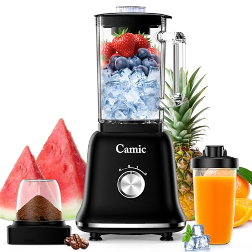 Camic Standmixer 1200W Hochleistungsmixer 3-in-1 mit 1,6L Glasbehälter Mixer & 400ml Reisebecher & 200ml Mahlbecher, Abnehmbare Klinge, Impuls/2 Geschwindigkeiten Blender für Smoothies Shakes Getränke