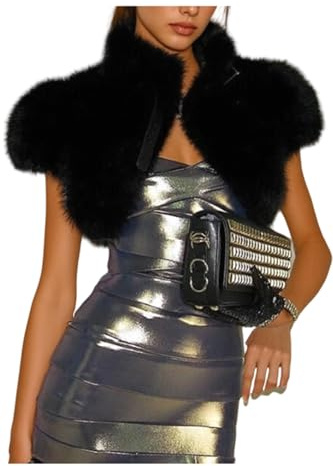 LETSVDO Womens Faux Fur Shrug Jacket Belt Buckles Short Sleeve Open Front Crop Cardigan Shawl Top for Evening Dress