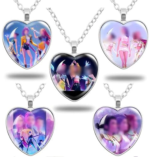 FMKLDENA 5pcs Huntrix Collier en Forme de Coeur, Huntrix necklace, Huntrix pendentif en forme de cœur, Goodies Huntrix Anime, for fans to collect cadeaux pour garçons et filles