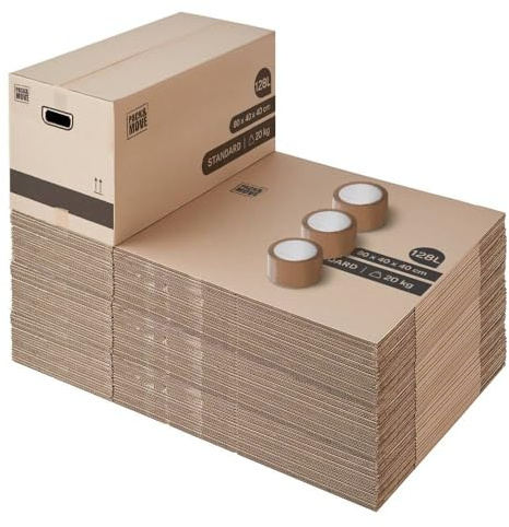 Pack and Move - Förpackning med 30 flyttlådor XL - 80 x 40 x 40 cm - förstärkta handtag - 1 gratis lim