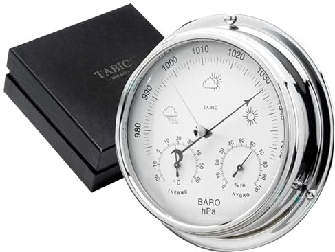 Tabic Chrome Barometer with Built-in Hygrometer &Thermometer - Analog Weather Station for Home & Outdoor Use - Handmade in England - Heavy Chrome Plated Brass Case (1/2kg), 6in x 2in