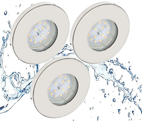 Trango 3er Set 6729IP65-032MO LED Einbaustrahler IP65 aus Edelstahl gebürstet inkl. 3x 5 Watt 3000K warmweiß Ultra Flach LED Modul für Bad, Dusche, Einbauspots, Deckenstrahler, Deckenlampe, Badleuchte