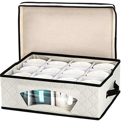 Dicunoy Mug and Cup Storage Box with Dividers, China Storage Containers Holds 12 Glassware, Storage Case with Lid and Handles for Tea Cups, Stoneware Cups, Christmas Mugs, Light Bulb