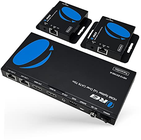 Orei 4K 1x2 HDMI over ethernet Extender Splitter su cavo Ethernet CAT6/7 4K @ 30Hz fino a 50 m - 1 ingresso 2 out, 1080p @ 60Hz fino a 70 m, PoC, controllo IR, EDID, HDMI Loop Out (HD12-EX165-K)