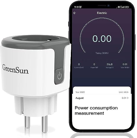 GreenSun WLAN Smart Steckdose - WiFi Steckdose mit Strommessung 16A, Zeitschaltuhr, Fernzugriff, Sprachsteuerung funktioniert mit Alexa, Google Home, SmartThings