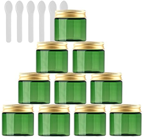 PQPAUTY 12 Stück Kleine 50 ml Grün Kunststoff Leere Cremedose Dose mit Gold Deckel 50 g Leerdose Schraubdose Blechdosen Kosmetische Behälter Tiegel, 6 Stück Spatel
