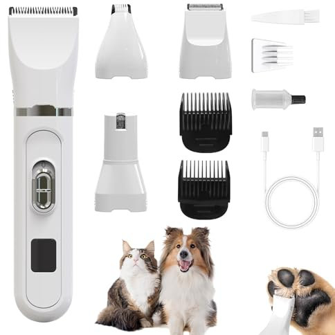 Profi Leise Hundeschermaschine für Hunde Katzen: 4 in 1 Elektrische Hunde Haarschneidemaschine Haustier Schermaschinen Set mit LED-Anzeige für Körper, Pfoten, Augen, Ohren, und Gesicht