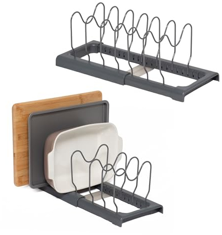 simplywire – Supporto allungabile per teglie e taglieri – Confezione da 2 – Rastrelliera per Coperchi - Organizer per credenza da Cucina – Acciaio Rivestito in Plastica Grigia
