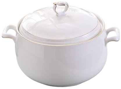 Ceramic Soup Serving Bowl,Microwavable Bowl,3L Large Capacity Serving Tureen with Double Handles for Kitchen, Porcelain, Pure White, Microwave and Dishwasher Safe(White A)