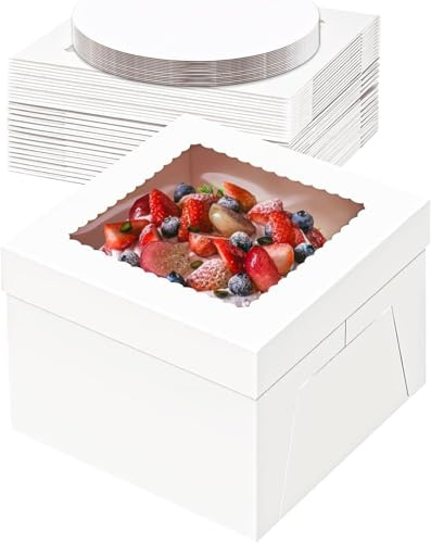 Tlczrva Tortenkarton,5er-PackTortenbox Set, Kuchenbox,Tortentransportbox，weiße Tortenschachtel mit Fenster und 5 Kuchenrunde Bretter, Kuchenkarton für Torten, Gebäck（30.5 * 30.5 * 20.3）