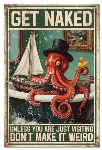 GLOBLELAND Funny Red Octopus Metal Tin Sign 12x8 in White Sailboat Bathtub Tin Signage Decor Metal Sign for Washbasins Balcony Bathroom Toilet Home Wall Decoration