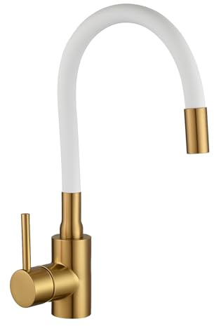 Faizee Home | Küchenarmatur Flexibel Weiß-Gold – Flexibler Wasserhahn aus Messing mit 360° schwenkbarem Auslauf & Silikonschlauch | Hochwertige Design-Armatur für Spülbecken und moderne Küchen