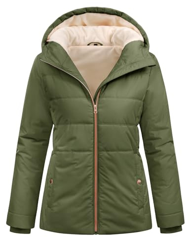 Vancavoo Giubbotto Donna Invernale Cappotti Caldo Giacca Piumino Corto Parka Felpa con Cappuccio Slim Fit Giaccone Outdoor,Verde militare,L