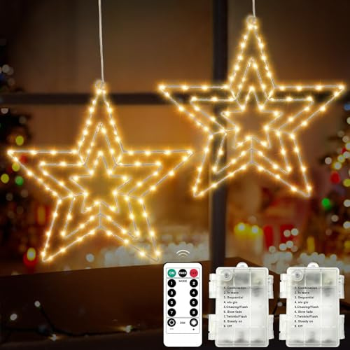 AGOTD Julstjärna upplyst med 2-pack 75 lysdioder, varmvit, LED-stjärnfönster, juldekoration, ljuskedja med timer för fönster, inomhus, rum, balkong, födelsedagsfest, fest