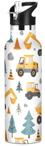 Construction Site Car Stone Childish Cartoon Water Bottles for Boys Kids Stainless Steel Bottle Cups with Straw Lid Leakproof Insulated Flask Jug 20 oz