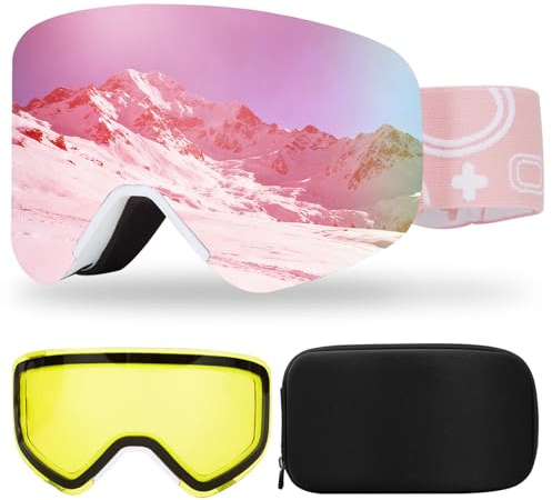 Occhiali da Sci con Magnetico Lenti Intercambiabili,YH879B Maschera da Sci OTG per Unisex Anti-UV400 Anti Nebbia Antipolvere Antivento Occhiali da Neve per Ski Ciclismo (06-REVO Rosa/Bianco+Lente)