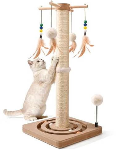 LIFLIX Cat Scratching Post with Interactive Toys, Sisal Cat Scratch Post with Sturdy Ball Track Base for Indoor Kittens and Cats, 65cm