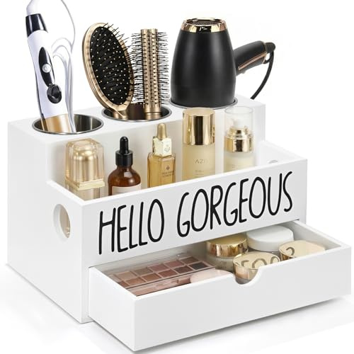 CusUnik Hair Tool Organizer Drawer, Heat-Resistant Hot Tools Organizer with Removable Stainless Steel Cups for Hair Dryer, Curling Iron, Straightener, Bathroom Hair Accessories Storage (White)
