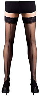 Mytoptrendz® - Lace Top French Cuban Seamed Hold ups Stockings Silicone Top 15 Den (Black/Black Seam OS