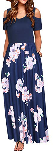 STYLEWORD Women's Summer Cold Shoulder Short Sleeve Maxi Dress Floral Print Elegant Long Dress with Pockets