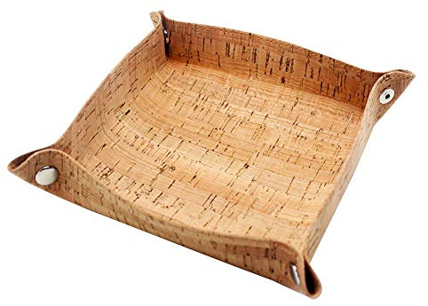 Boshiho Bandeja de cuero, bandeja de monedas de cuero de vaca para carrito de cambio de llave, bandeja pequeña para la mesita de noche, teléfono de llaves de almacenamiento de joyas (corcho)