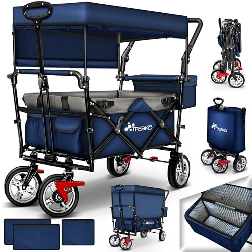 TRESKO Carro de Mano para Jardín con Techo, Bolsa Refrigerante y Persianas Enrollables | Carretilla Plegable de Transporte para Playa con Arneses | Carro, Remolque de Mano con Ruedas + Frenos