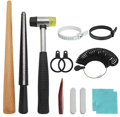 Yaclonq 11-Teiliges Ringmaß-Messwerkzeug, Ringherstellungsset, Ringdorn, Kreismodelle, Kunststoff-RinggrößEn-MessgeräT, Polierstab, Gummihammer, Poliertuch