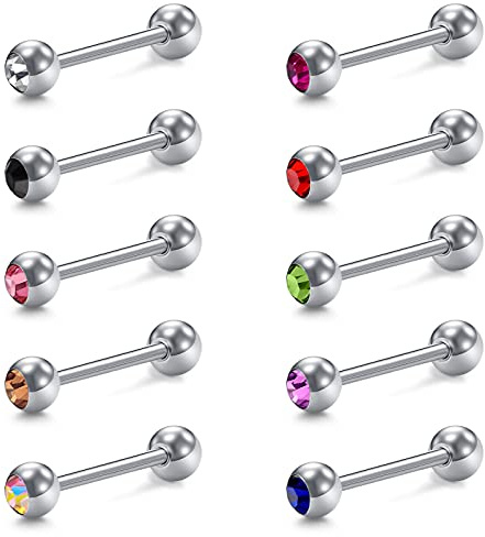 VCMART 10 piercing per lingua in acciaio chirurgico 14G 12-18mm con cristallo, Acciaio inossidabile, cristallo, metallo, acciaio