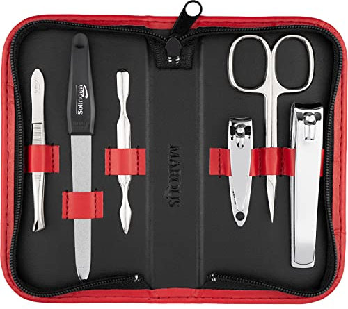 Maniküre Set Solingen mit Top Preis/Leistung - Kunst-Leder Etui handlich und weich - 6teiliges Nagelset für Damen und Herren marQus aus glanzvernickeltem poliertem Stahl