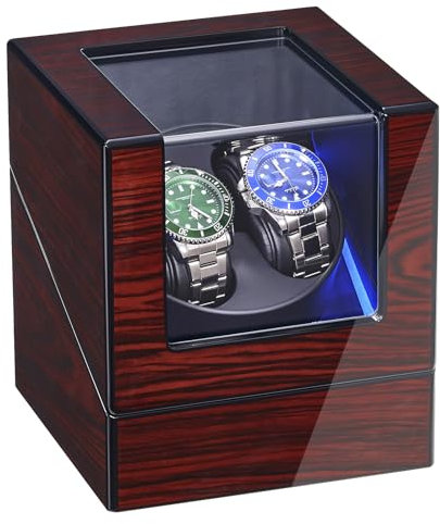 ANWBROAD Watch Winder for Automatic Watches Double Watch Rotator with Super Quiet Motor Flexible Watch Pillows LED Backlight Wooden Watch Turner Watch Shaker 5 Modes Battery or USB JWW001Y