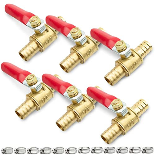 Bwintech 6 Stück 10mm Kugelventil aus Messing mit Widerhaken mit 12 Stück Klemmen, Luft Gas Kraftstoffleitung abgesperrt 180 Grad Betätigungsgriff Ventilrohrverschraubungen