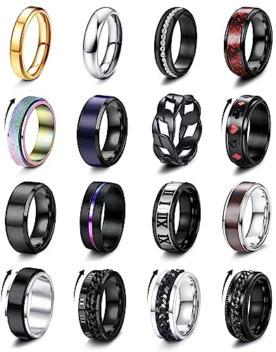 FIOROYAL Anillos Vintage Celtas de Acero Inoxidable, Anillo Giratorio de Cadena para Boda y Compromiso - 16 Piezas Negro para Hombre