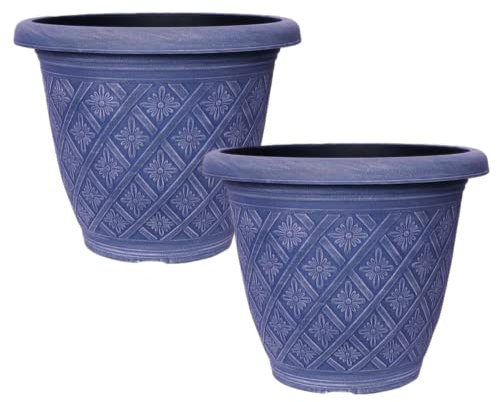 Fyne-Finds Set of 2 Round 40cm, 16inch Garden Plastic Plant Pot Weatherproof Woven Flower Outdoor Drainage Hole Deco Planter (Blue)