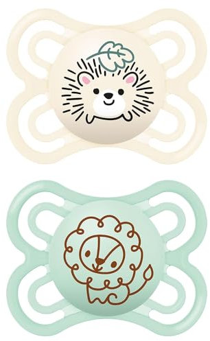 MAM Perfect Schnuller im 2er-Set, für eine gesunde Zahn- und Kieferentwicklung, Baby Schnuller aus nachhaltigen & bio-erneuerbaren Materialien, mit Schnullerbox, 0-6 Monate, Igel/Löwe
