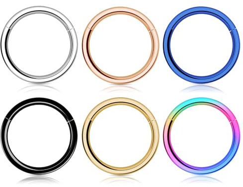 Kucheed 6 Piezas Aro Nasal para Mujer y Hombre, Aretes de Aro para Septum de Acero Quirúrgico 316L con Bisagras 8mm, Anillo Hipoalergénico de Concha Lóbulo Daith HélicePiercings Joyería (18G 8mm)