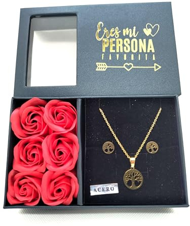 EUROAMZ Set Regalo Mujer: Caja con 6 Rosas Eternas Perfumadas, Colgante y Pendientes, Bolsa Incluida - Ideal para Día de la Madre, San Valentín, Cumpleaños (Dorado Árbol)